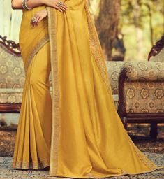 Mustard Yellow Designer Embroidered Silk Party Wear Saree-Saira's Boutique Resham Embroidery, Bridesmaid Saree, Party Wear Saree, Wear Saree, Yellow Mustard, Yellow Fabric, Party Wear Sarees, Embroidered Silk, Indian Outfits