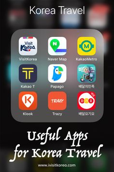 the korea travel app for iphone is shown with icons and text that reads useful apps for korea travel