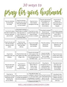 the 30 ways to pray for your husband with text overlaying it in green and pink