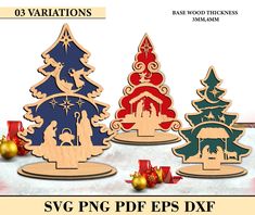 three wooden christmas trees with ornaments on them