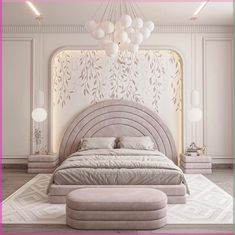 a large bed sitting on top of a white rug