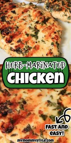 the cover of herb - marinated chicken is shown in front of an image of two pizzas