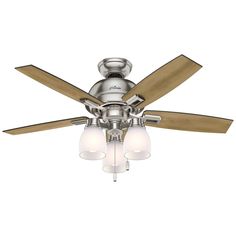 a ceiling fan with three light bulbs and two shades on it's blades,