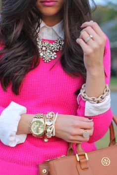 Look 80s, Preppy Mode, Hot Pink Sweater, Estilo Preppy, Necklaces Jewelry, Classy And Fabulous, Looks Style, Pink Sweater, Preppy Style