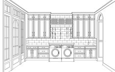 a drawing of a kitchen with cabinets and a washer in the middle of it