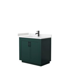 a bathroom vanity with a white sink and dark green cabinet, against a white background