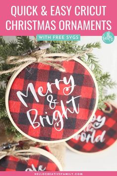 christmas ornament with the words merry and bright on it in red, black and white