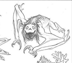 a black and white drawing of a creature with its mouth open, surrounded by plants