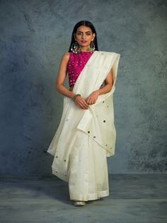 Off White Chanderi Saree With Pink Sleeveless Blouse (Set of 2) By Charkhee now available at Trendroots Unique Saree, Off White Saree, Pink Sleeveless Blouse, Chanderi Saree, White Saree, Sustainable Clothing Brands, Embroidered Saree, Indian Fashion Designers, Mirror Work