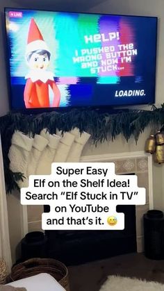 an elf is sitting in front of a television with the caption super easy elf on the shelf idea search elf stuck in tv and that's