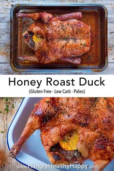 honey roast duck in a baking dish with text overlay