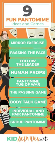 an orange poster with the words fun pantomime for kids and young adults on it