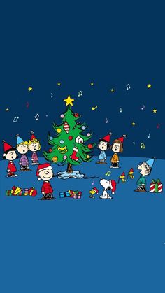 peanuts around the christmas tree with musical notes on it and other cartoon characters standing around