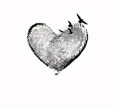 a fingerprint in the shape of a heart with two birds flying over it and one bird on top