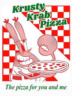 an advertisement for krispy krab pizza with a cartoon character holding a pizza