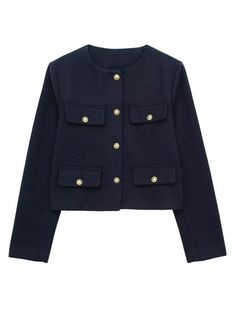 Azul Marino Casual Collar manga larga Tela tricotada Liso Más Embellished No-Elástico Mode Mantel, Chic Outerwear, Cropped Coat, Chic Coat, Women Jackets, Navy Blue Blazer, Tweed Coat, New Chic, Pocket Jacket