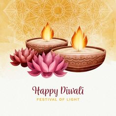 happy diwali festival with lotus flowers and candles