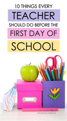 an apple sitting on top of a pink box next to school supplies