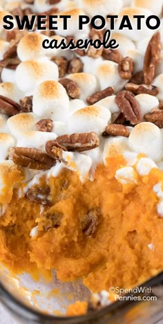 sweet potato casserole topped with marshmallows and pecans