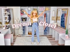 a barbie doll standing in front of a closet