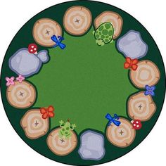 a round rug with turtle and toad on the top, surrounded by smaller turtles in different colors