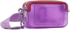 Transparent PVC shoulder bag in purple. · Adjustable and detachable logo-woven crossbody strap · Logo embossed at top · Logo hardware at face · Patch pocket at back face · Twin zip closures · Patch pocket at two-compartment interior · Logo-engraved silver-tone hardware · H4 x W7 x D2.25 Supplier color: Wisteria Purple Rectangular Bag With Clear Strap, Modern Purple Bag With Detachable Strap, Modern Purple Shoulder Bag With Adjustable Strap, Marc Jacobs Logo, Interior Logo, Embossed Bag, Face Patches, Silver Engraving, Purple Bags