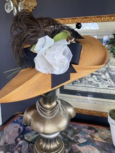 "22\" inside crown,5\" brim. This quality straw might not even be made any more. The decorations are black grosgrain ribbon, a white millinery rose and ostrich feather. The bonus is a black jet hat pin 10\" long. So stunning for any garden occasion." Gatsby Garden Party, Wide Brim Straw Hat, Antique Hats, Feather Decor, Dog Bones, Vintage Hats, Silk Roses, Party Hat, Diy Pattern