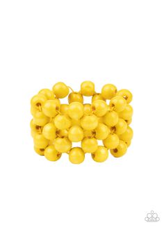 An oversized collection of sunny yellow wooden beads are threaded along stretchy bands that ornately weave across the wrist, creating a decorative summery pattern. Sold as one individual bracelet. 6/16/2021 Paparazzi Jewelry Images Paparazzi Accessories Jewelry, Yellow Wood, Yellow Bracelet, Yellow Jewelry, Wooden Bracelet, Wood Bracelet, Red Dates, Sunny Yellow, Paparazzi Accessories