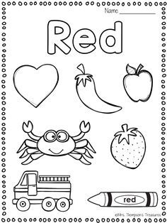 a coloring page with the words red and an image of a crab, apple, carrots