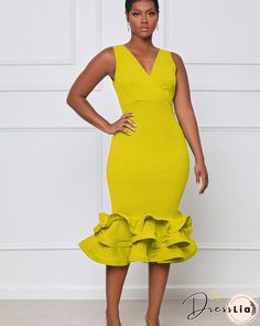 V-neck Sleeveless Ruffles Mermaid Evening Dresses Elegant Cocktail Dress, Floral Dress Formal, Dresses Design, Yellow Midi Dress, Yellow Style, Fishtail Dress, Girl Closet, Bodycon Midi Dress, Design Dresses