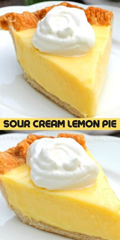 two pictures of a lemon pie with whipped cream on top and the same slice missing