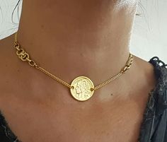 "A beautiful choker necklace designed in a boho chic style perfect for every day and evening. the necklace made from gold 24 K plated brass in very high quality and decorated with an Infiniti pendant in the side and coin in its center. chain size : 11.8\" (30cm) up to 17.7\" (45cm). pendant width: 0.98\" (2.5cm) Pendant height: 0.98\" (2.5cm) ♦ This piece of jewelry is perfect as a gift for yourself, for a friend, Valentine's day or a birthday. If you're interested in sending a gift to a third p Gold Layering Necklaces, Gold Coin Choker, Coin Choker, Choker Necklace Designs, Chunky Choker, Cuban Link Necklace, Beautiful Chokers, Layering Necklaces, Gold Coin Necklace