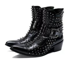 Men Punk Leather Cowboy Ankle Boots Rubber Metal Pointed Toe Buckle Rivets Shoes | eBay Punk Martin Boots For Fall Concert, Punk Style Martin Boots For Fall Concerts, Fall Punk Martin Boots For Concerts, Rock Style Moto Boots For Fall Concerts, Punk Boots With Spikes For Concert, Fall Punk Martin Boots For Alternative Fashion, Punk Ankle-high Moto Boots With Studs, Punk Ankle-high Studded Moto Boots, Punk Style Riveted Ankle-high Moto Boots