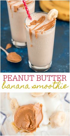 peanut butter banana smoothie in two glasses