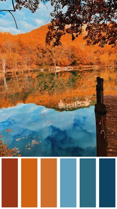 the color palette is blue, orange, and green with an autumn scene in the background