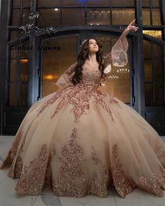 Quinceanera Sweet 16 dress Golden Quinceanera Dresses, Luxury Sweet 16, Quinceanera Dresses Rose Gold, Rose Gold Quince Dress, Gold Quince Dress, Ruffle Ball Gown, Gold Quinceanera Dresses, Rose Gold Quinceanera Dresses, Champagne Quinceanera Dresses