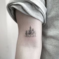 a small tree tattoo on the left side of the arm, with trees in the background