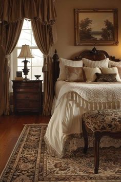 a bedroom with a bed, chair and rug on the floor in front of a window