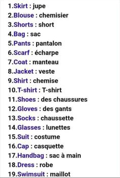 a list of different types of clothes for men and women with the names in english