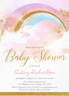 a baby shower with a rainbow and clouds in the sky, on top of a pink background