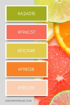 an orange, lemon and grapefruit are featured in this color scheme