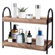 three tiered wooden shelf with various items on it