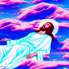 jesus in the clouds with his arms spread out and hands extended to him, as if he is praying