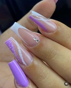 Lilac And White Nails, Lilac Gel Nails, Purple Gel Nails, Fancy Nails Designs, Girly Acrylic Nails, Orange Nails, Fancy Nails