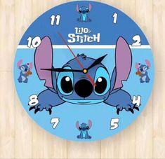 a blue clock with an image of stitch on it