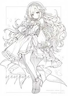 a drawing of a girl with long hair and flowers on her head, wearing a dress