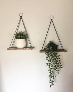 two hanging shelves with plants on them