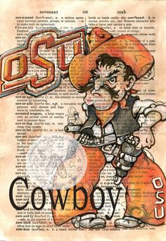 a drawing of a cowboy on top of an old book page with the word dust written in