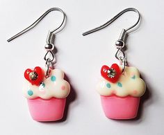 Cupcakes with diamante hearts earrings. Silver fishhook earwires. Sweet Nickel-free Dangle Jewelry, Cute Drop Earrings For Birthday, Cute Birthday Jewelry With Matching Earrings, Sweet Drop Earrings Jewelry Gift, Crystal Cupcakes, Hearts Earrings, Sparkling Crystal, Earrings Silver, Heart Earrings