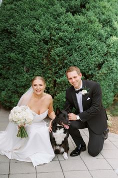 a bride and groom pose with their dog